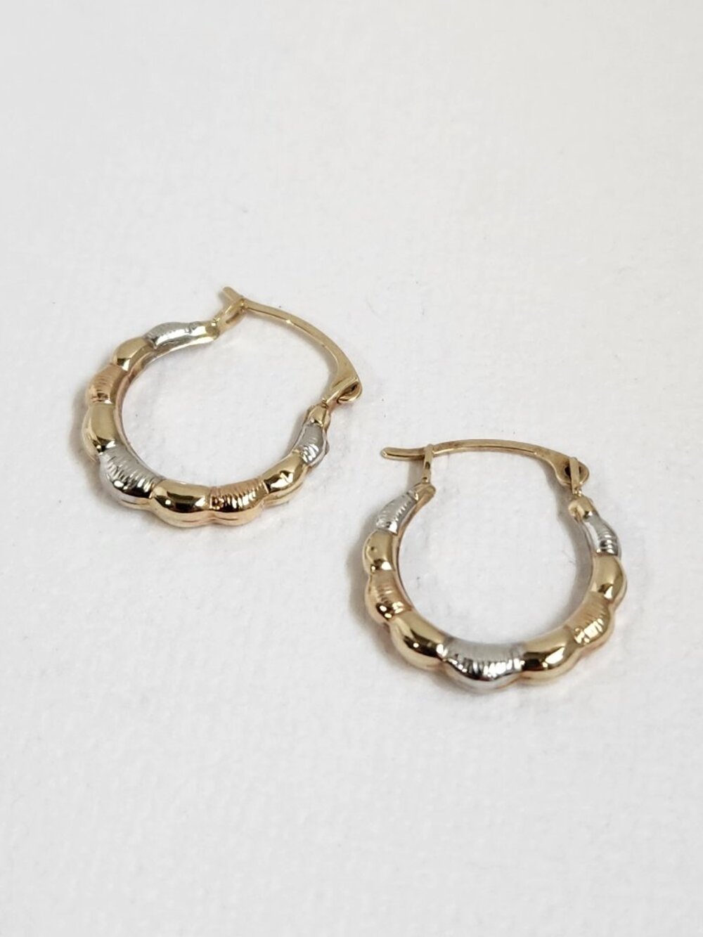 Genuine VTG Rare 1980's Solid 10K Tri-Color Gold Bamboo Hoop Earrings 12mm